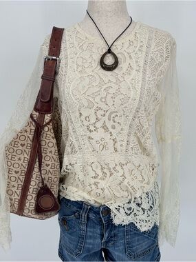 Lucky Brand Sheer Lace Fairy Top Open Back Boho Coquette Blouse